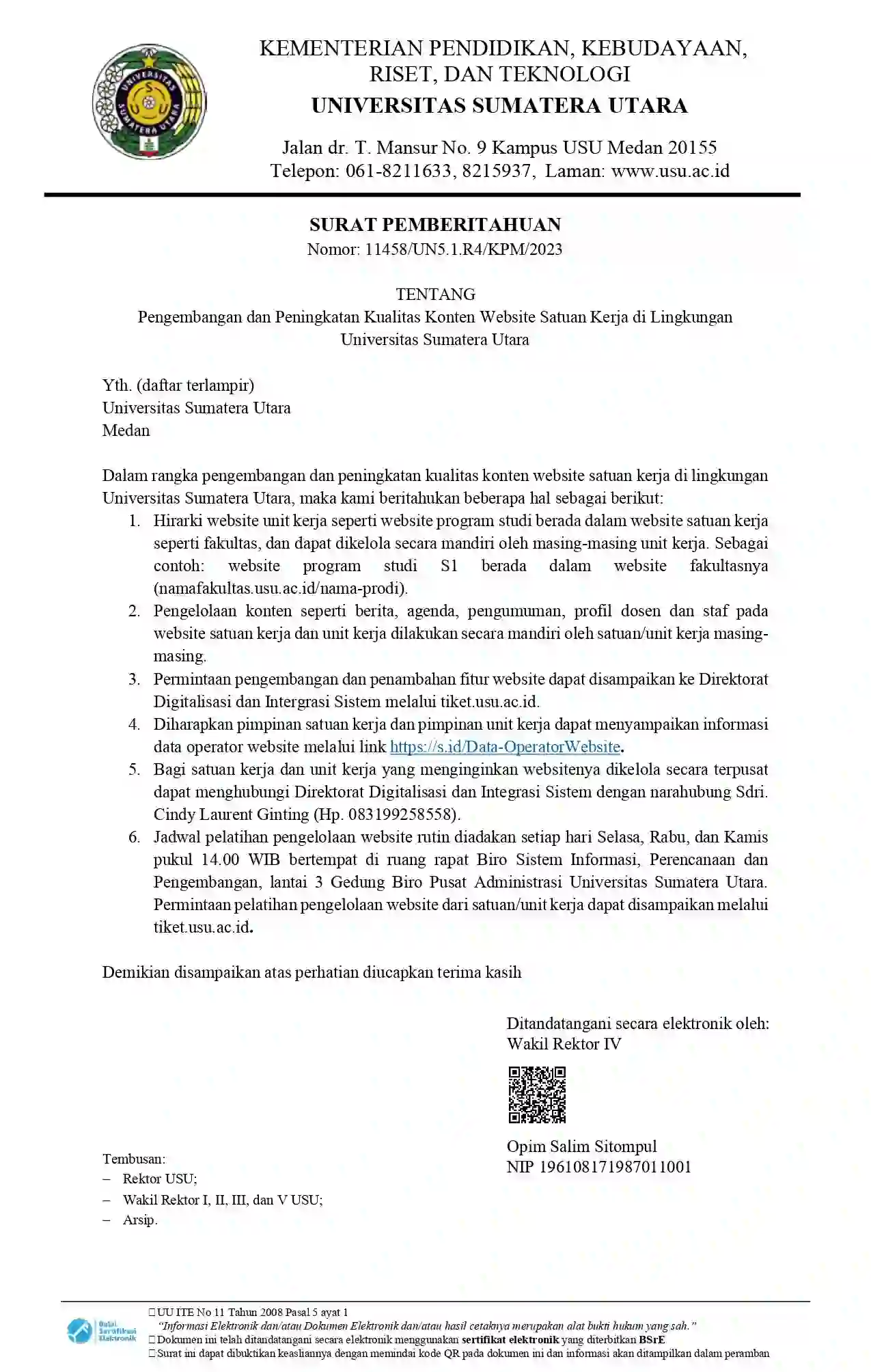 Surat Pemberitahuan Pengembangan dan Peningkatan Kualitas Konten Website Satuan Kerja di Lingkungan Universitas Sumatera Utara